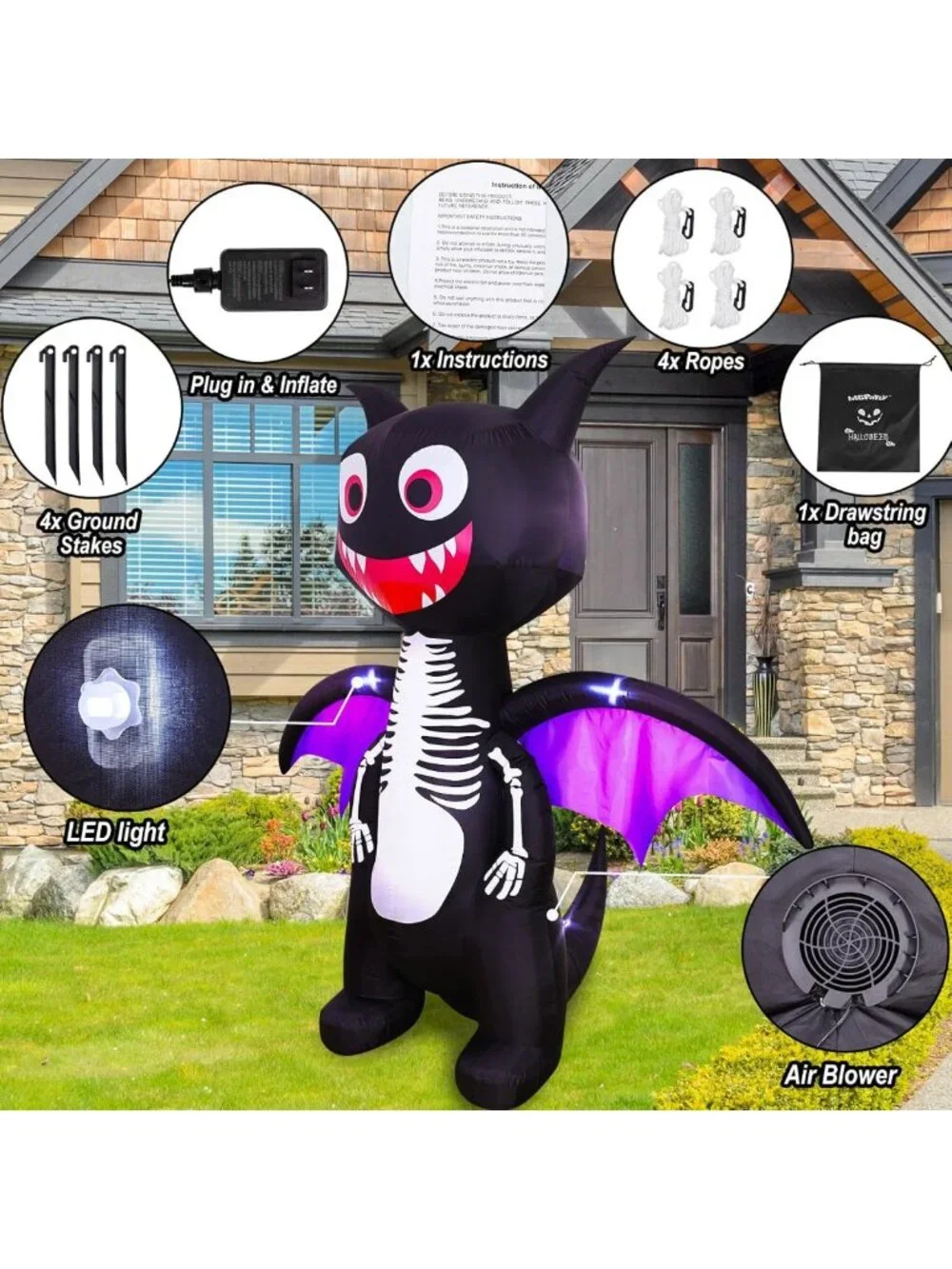 Giant 6.8 FT Halloween Dragon Inflatable with LED Lights - Outdoor Yard Decor